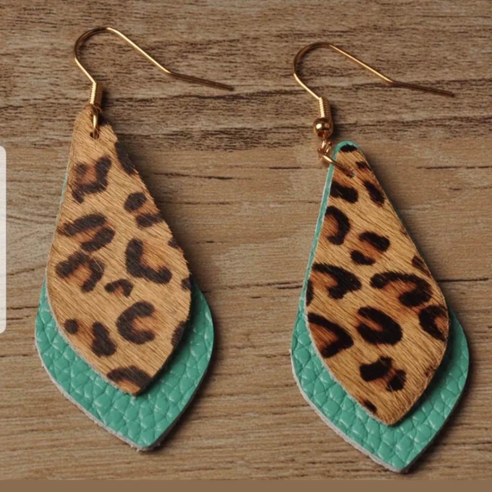 Boho Leopard Leather Print Leaf Dangle Earrings